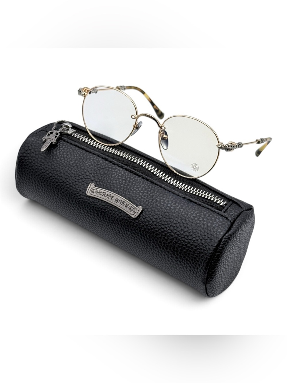 Chrome Hearts Black Pebble Leather Cylindrical Sunglass Pouch
